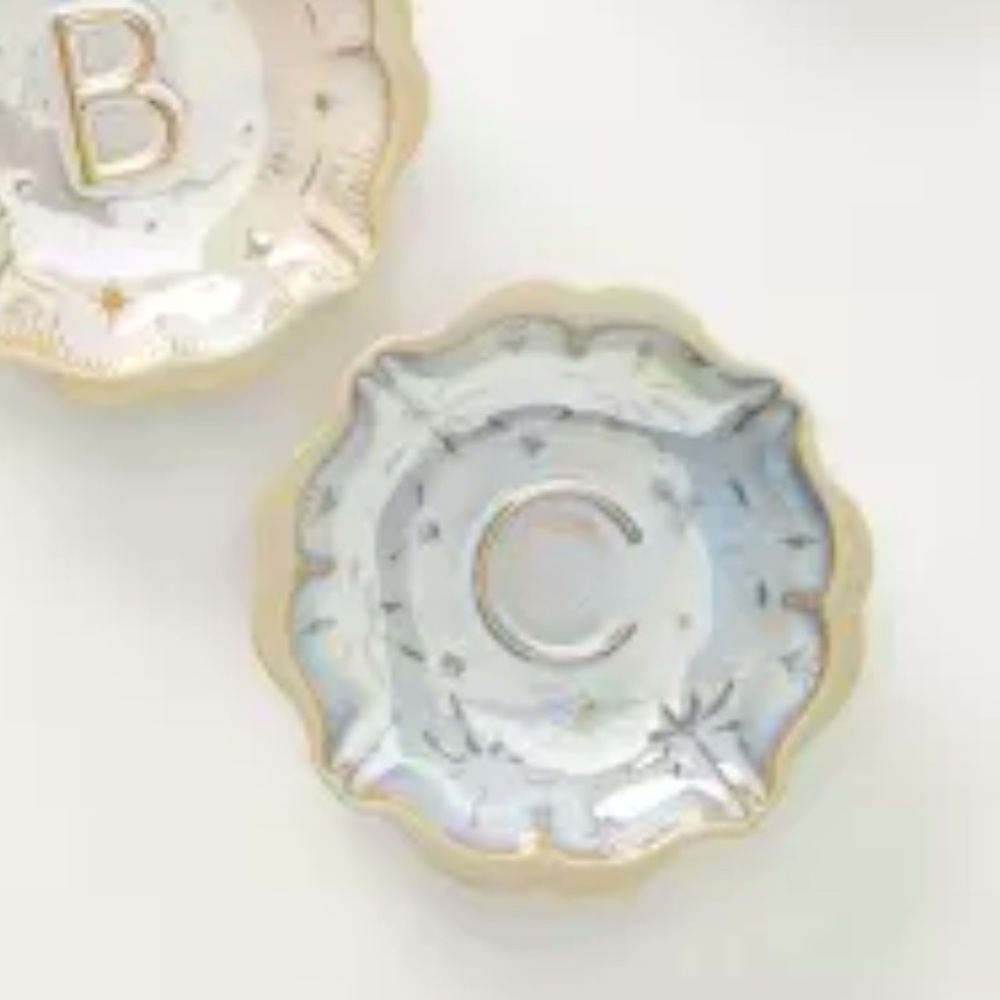New Anthropologie Stellar Monogram ' C ' Blue Gray Stoneware Trinket Dish